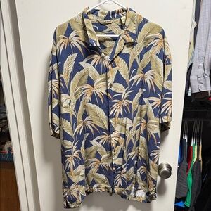 Tommy Bahama Navy Blue and Beige Silk Palm Print Shirt